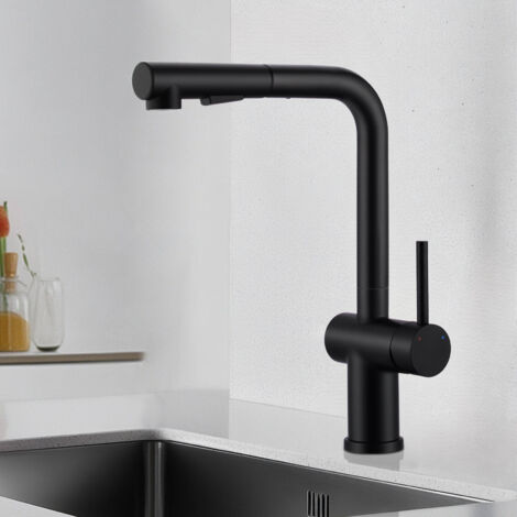 Mitigeur Cuisine Premium Tirage Extractible – Robinet Noir Mat Haute Pression, 2 Fonctions Jet, Pivot 360°, Monocommande L-Inox Brossé 304, Kit Complet pour Évier Moderne