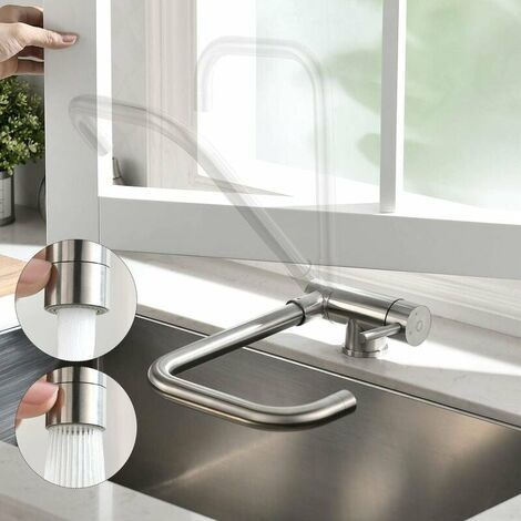 Mitigeur Cuisine Rabattable avec 2 Jets aux Choix Robinet Cuisine Sous Fenêtre Robinetterie Cuisine Pliable Bec Orientable 360° Mitigeur Evier Rabattable Fenêtre en Laiton Acier Inox 304