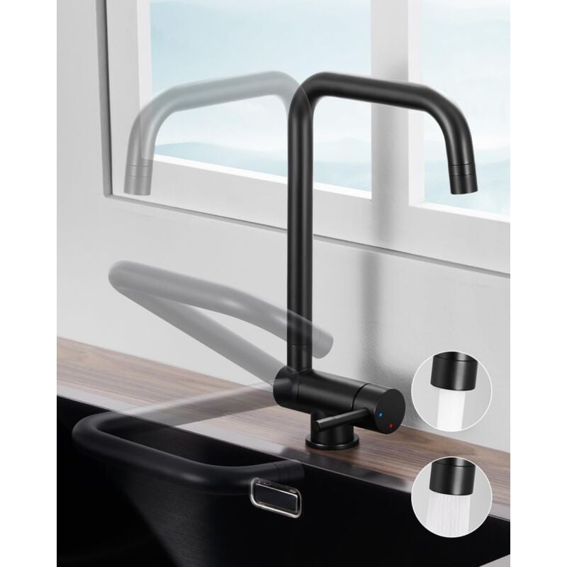 Cecipa - Mitigeur Cuisine Rabattable, Robinet Cuisine avec 2 Jets, Mitigeur Cuisine Noir, Robinetterie de Cuisine Pliable, Robinet Evier Sous