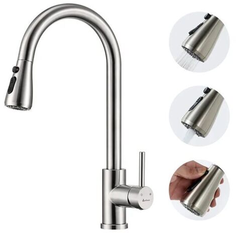 Mitigeur Cuisine Rotatif 360 Degrés avec Douchette Extractible Acier Inox 3 Modes