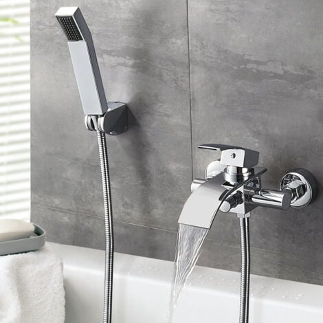 AURALUM Mitigeur de Baignoire Cascade avec Douche à Main et Flexible de douche 1,5m Robinet de Douche Robinetterie mural Robinet de bain en Laiton Chrome