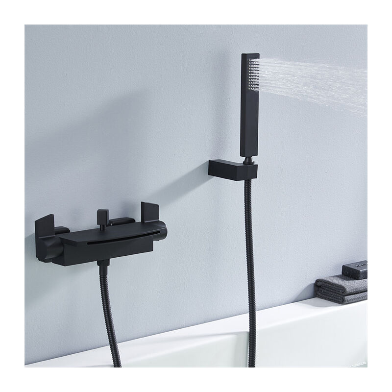 Mitigeur de Baignoire Cascade Robinet de Baignoire Mural avec Douchette à Main et Flexible de douche 1,5m Robinet de Douche de Bain en Laiton Noir Mat