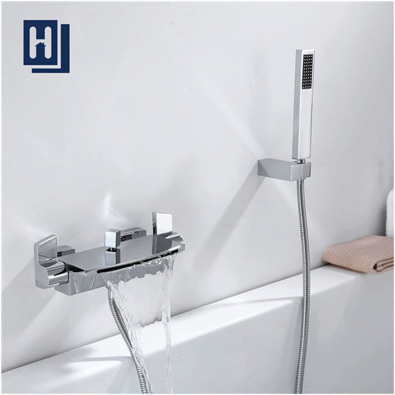 Mitigeur de Baignoire Cascade Robinet de Douche Mural avec Douchette à Mains Laiton Set de douche en Laiton Chromé