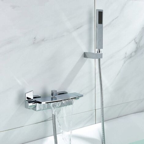 Mitigeur de Baignoire Cascade Robinet de Douche Mural avec Douchette à Mains Laiton Set de douche en Laiton Chromé