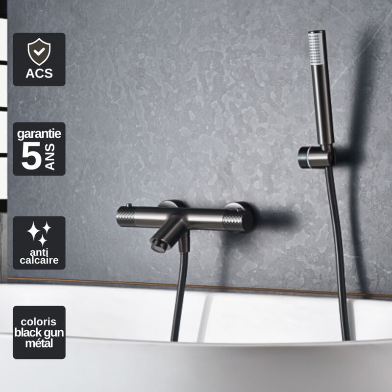 Mitigeur de Baignoire et Douche Thermostatique anti-calcaire Black Gun Métal imex genova BDG053-4BGM