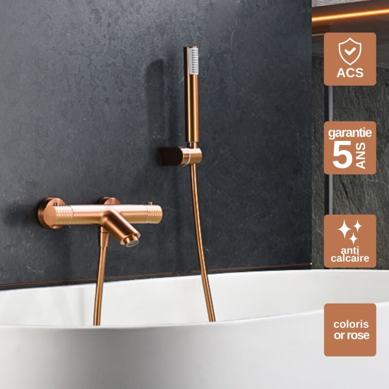 Mitigeur de Baignoire et Douche Thermostatique anti-calcaire Or Rose imex genova BDG053-4ORC