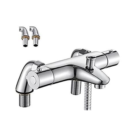 Mitigeur de baignoire Mitigeur Thermostatique Baignoire, Robinet Thermostatique Bain Douche avec Bouton de Sécurisé à 38°C, Robinets de douche Thermostatique pour Baignoire, Laiton, Anti-brûlure Ikodm