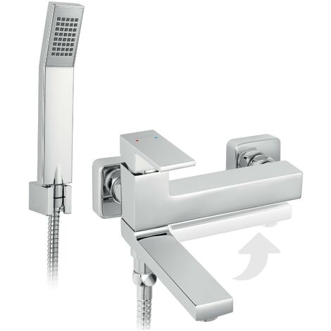 Mitigeur de baignoire mural avec bec pivotant rabattable – Finition chromée – Entraxe 150mm – Douchette incluse 150cm – Ferro