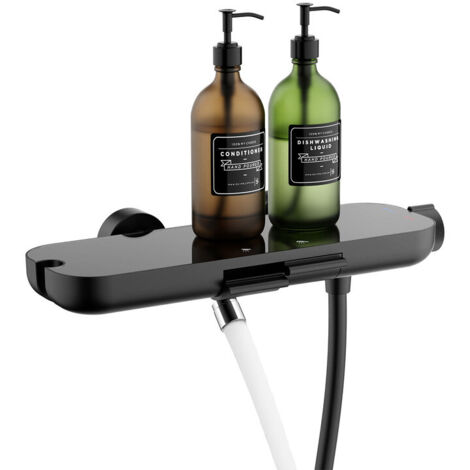 Mitigeur de Baignoire Mural Noir avec Étagère Intégrée, Robinet de Douche avec Bec Orientable pour Colonne de Douche, en Inox 304