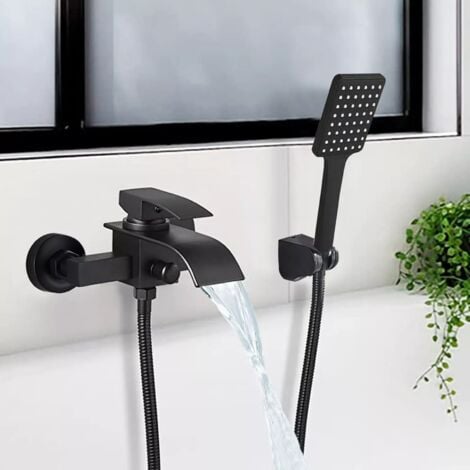 ZAMERY Mitigeur de Baignoire Noir Mural, Robinet Baignoire avec Douchette et Flexible de Douche (1.5m) Support, Mitigeur monocommande Douche Mural, Robinet Douche Filetage 1/2"