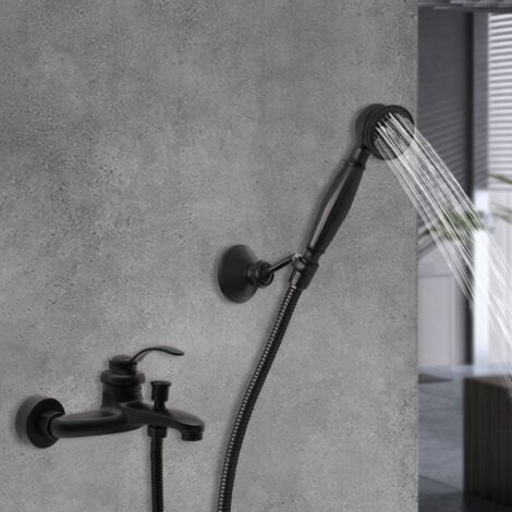 Mitigeur de baignoire noir style rétro en laiton, avec douchette à main et déviateur, montage en applique, robinetterie à levier unique