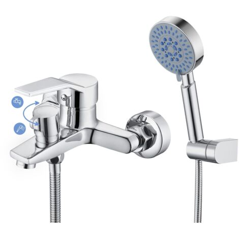 Mitigeur de Baignoire Robinet de Douche avec Pommeau de douche Economie d'eau Laiton Chrome pour Salle de bain