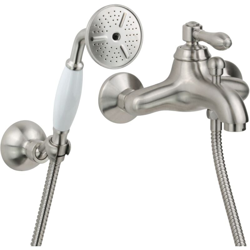 Mitigeur de bain mural modèle rétro couleur nickel brossé complet avec ensemble de douche Gattoni Oxford 3100/31NS Nickel brossé