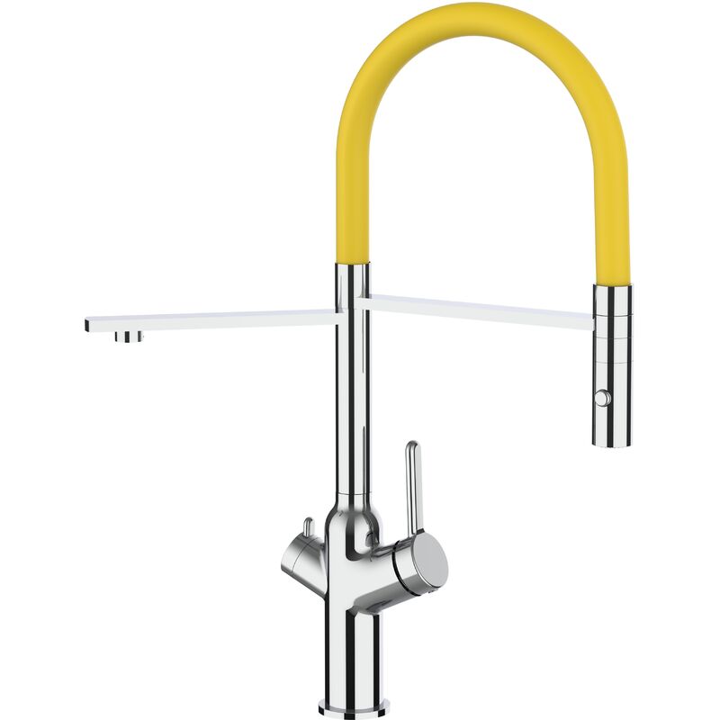 Vizio - Robinet de Cuisine Mitigeur 3 voies chrome bec jaune orientable et douchette 2 jets detachable bod