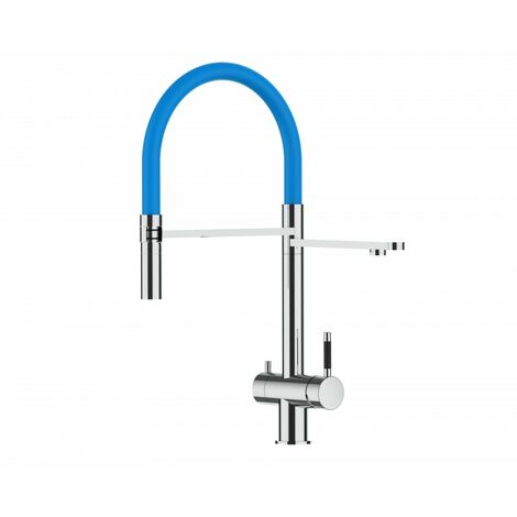 Mitigeur de cuisine 3 voies  en ACIER INOXIDABLE brosse mat bec bleu clair orientable et douchette 2 jets detachable VIZIO
