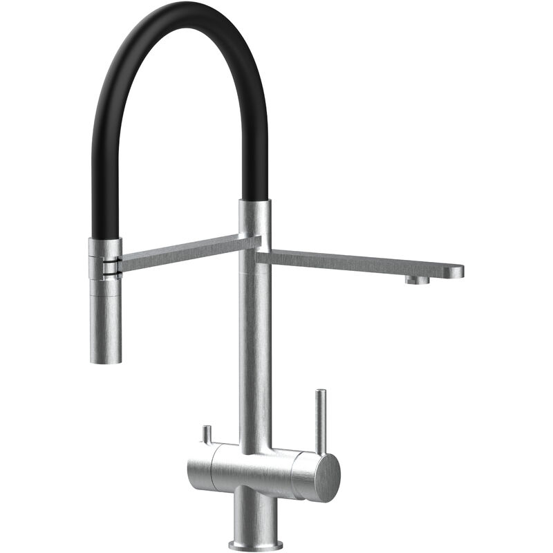 Vizio - Robinet de Cuisine Mitigeur 3 voies en acier inoxydable chirurgical 316 brosse mat bec noir orientable et douchette 2 jets detachable