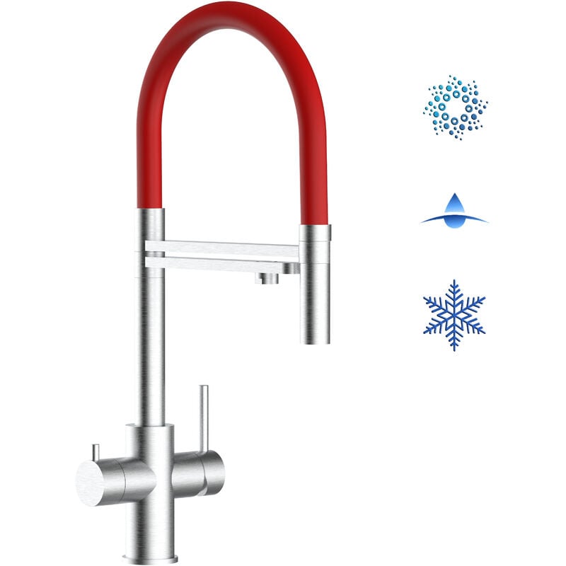 Vizio - Robinet de Cuisine Mitigeur 5 voies en acier inoxydable chirurgical 316 brosse mat bec rouge orientable et douchette 2 jets detachable