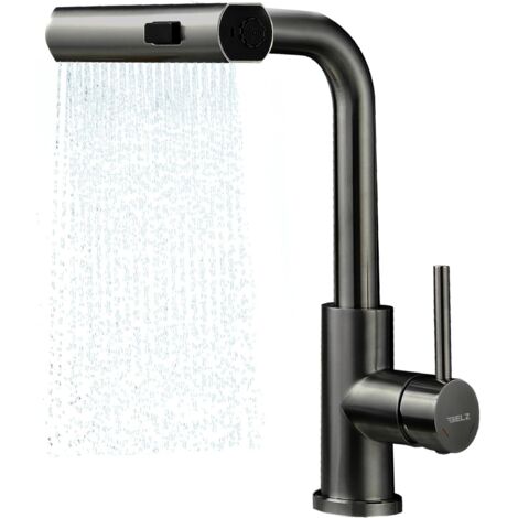 Mitigeur de cuisine amovible, rotatif à 360°, robinet à cascade anti-éclaboussures, en acier inoxydable, chaud et froid, chromé (Gunmetal)