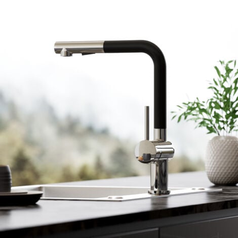 Cecipa Mitigeur de Cuisine avec Douchette Extractible, Mitigeur de Cuisine avec 2 Modes de Sortie D'eau, Robinet de Cuisine 360° Rotatif, Noir + Galvanique