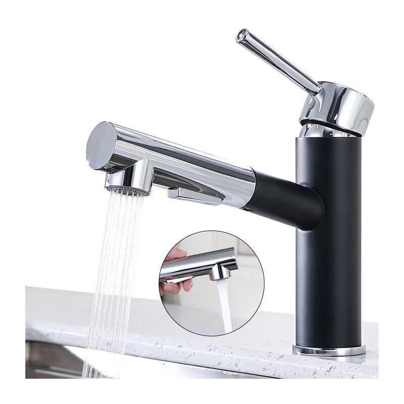 Mitigeur de Cuisine avec Douchette Extractible Robinet de Cuisine 2 Jets Mitigeur d'Evier Rotatif à 120° en Acier Inox Durable Noir et Chromé