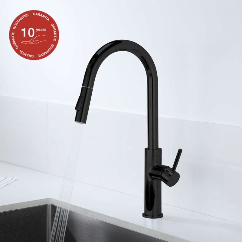 Poalgi - Mitigeur de cuisine bec haut avec douchette extractible sky bath noir cristal pvd Inox S304 série river