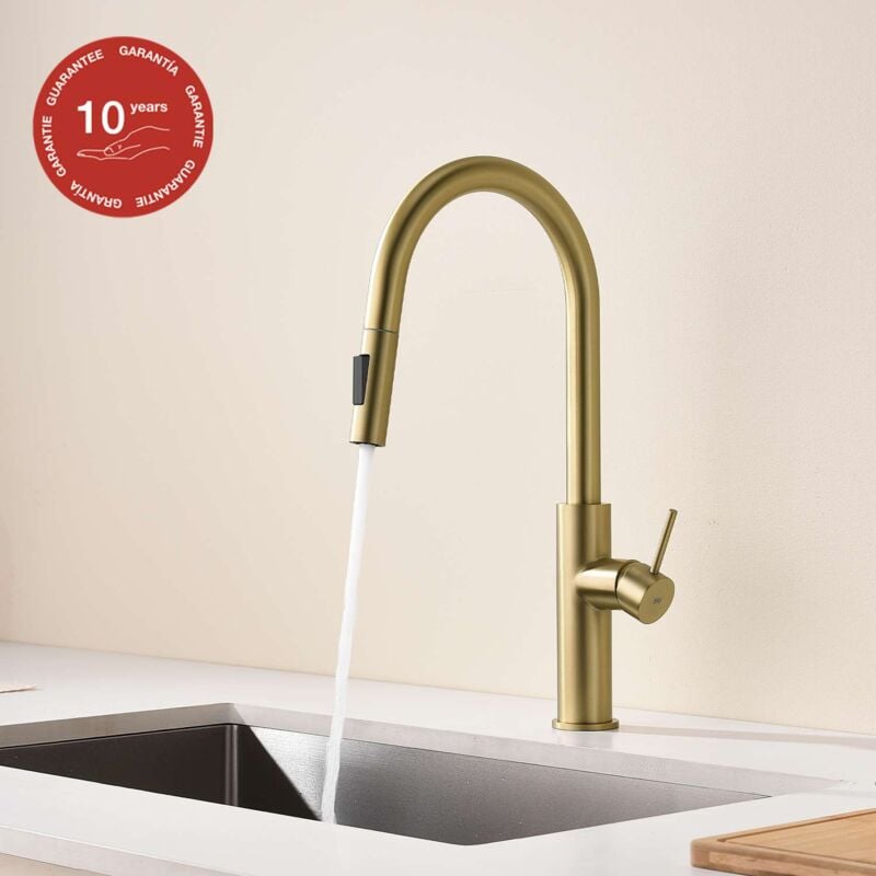 Mitigeur de cuisine bec haut avec douchette extractible sky bath or brossé pvd Inox S304 série river