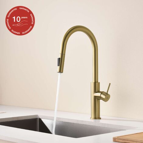 Mitigeur de cuisine bec haut avec douchette extractible SKY BATH or brossé PVD Inox S304 série RIVER