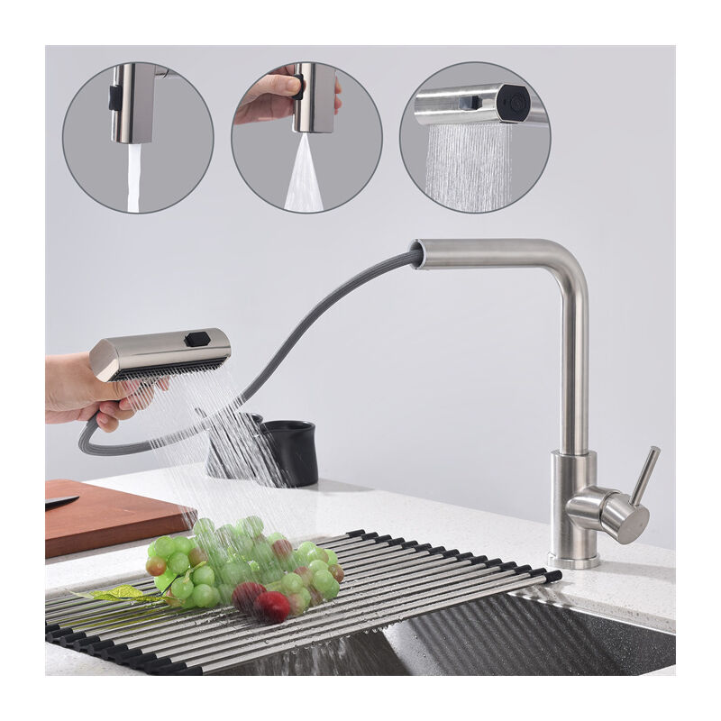 Homelody - Robinet de Cuisine avec Douchette Extractible Mitigeur Cuisine Bec Rotatif Robinetterie de Cuisine 3 Jets aux Choix Mitigeur d'Évier en