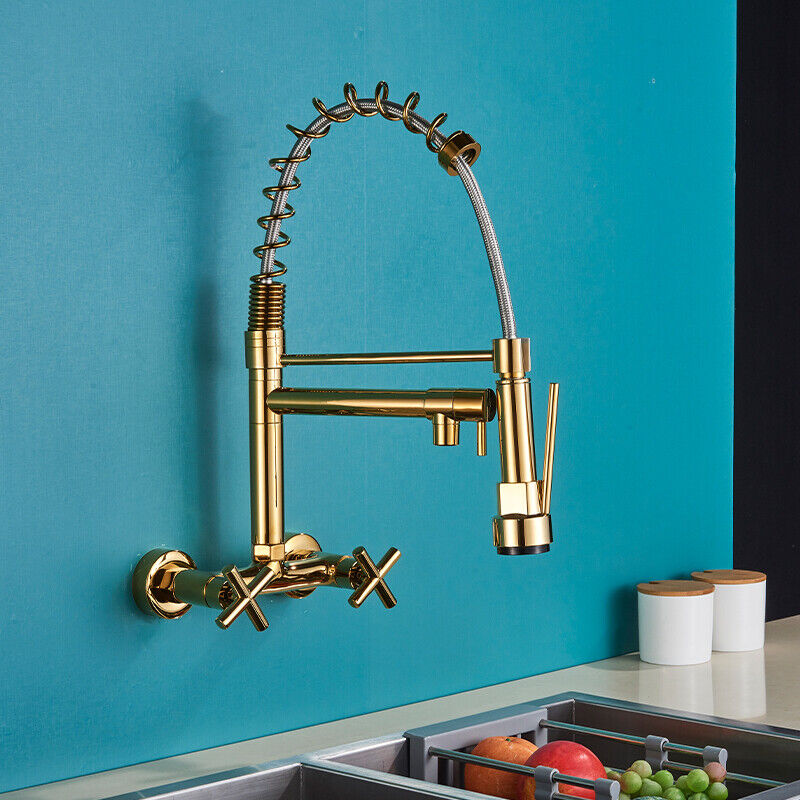 Zamery - Mitigeur de Cuisine doré Mural Encastré avec Douchette Extensible Mitigeur Évier Rotatif à 360°avec 3 Modes de Pulvérisation Robinet Cuisine