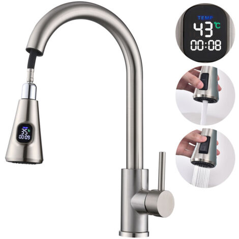 Mitigeur de Cuisine en Inox avec Affichage Température LED, Robinet de Évier Brossé Pivotant à 360° avec Douchette Extractible et 2 Modes de Jet