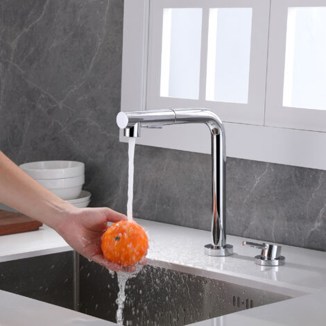 Mitigeur de cuisine escamotable 2 trous – Bec extractible pivotant 360° – Finition chrome – Laiton et acier inoxydable – 2 jets de douche