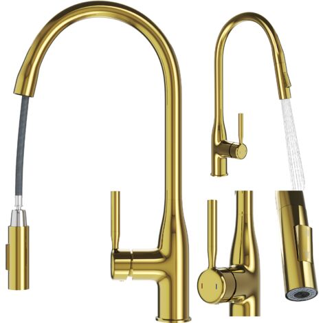 Mitigeur de Cuisine Granitan Fossa avec Douchette Extractible et Double Fonction, Couleur Or, Hauteur 44 cm