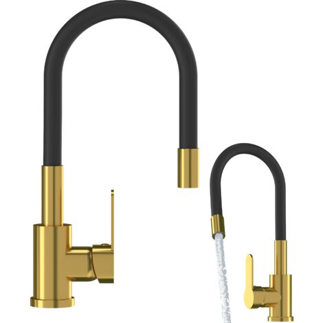 Mitigeur de cuisine Granitan Grado avec bec flexible noir et or, hauteur réglable jusqu'à 54 cm, installation sur plan, robinetterie design moderne.