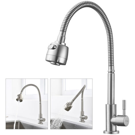 Mitigeur de Cuisine Mémoire de Forme Robinet Simple d'Eau Froide à Ressort Mitigeur d'Evier 2 Jets aux Choix en Acier Inox Brossé