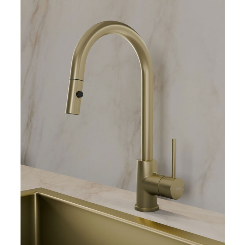 Kroos ® - Mitigeur de cuisine moderne avec douchette - Doré brossé - Corbeau