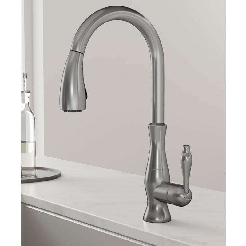 Mitigeur de cuisine moderne avec douchette et tuyau extractible - Nickel brossé