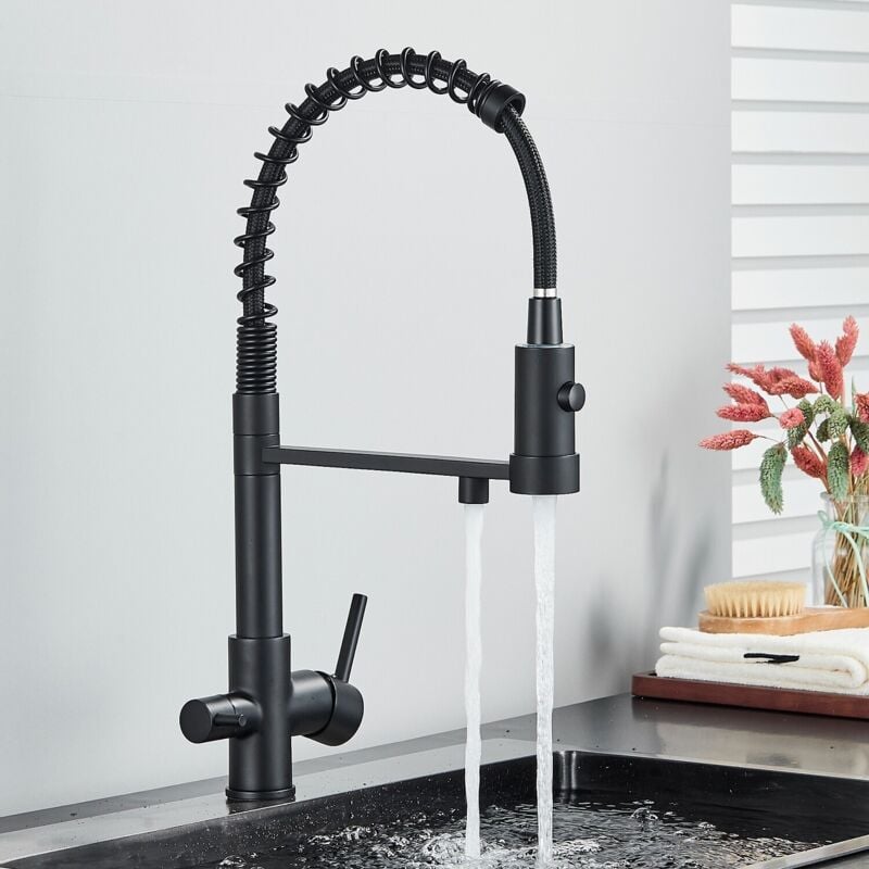 Mitigeur de Cuisine noir à 3 voies, Robinet de Cuisine Flexible, Robinet d'Évier d'Eau Potable Réglable à 360° (Double Poignée), Corps en Laiton