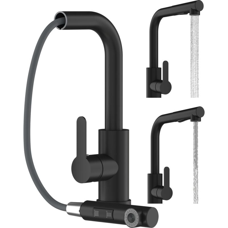 Granitan - mitigeur de cuisine noir douchette extractible 2 becs pour évier ebro