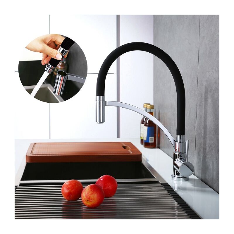 Homelody - Mitigeur de Cuisine Noir Robinet de Cuisine Bec Orientable Robinet Mitigeur d'Evier en Laiton Chromé Robinet Noir avec Douchette