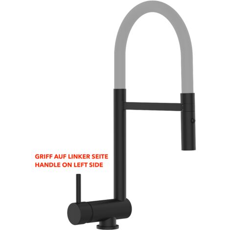 Mitigeur De Cuisine Rabattable Robinet Sous Fenêtre 6CM, Poignée à GAUCHE, avec bec pivotant 360° et douchette 2-jets détachable, Noir Mat / Gris