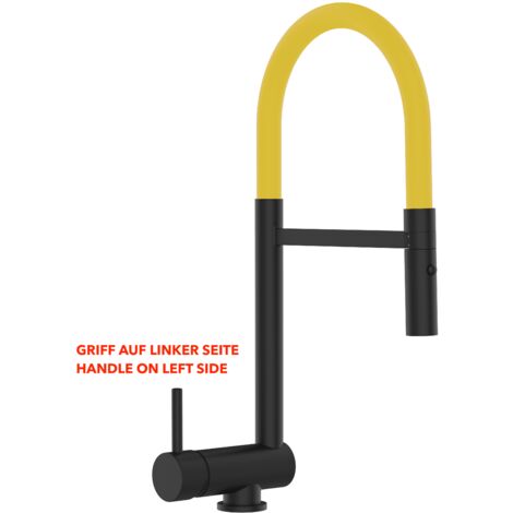 Mitigeur De Cuisine Rabattable Robinet Sous Fenêtre 6CM, Poignée à GAUCHE, avec bec pivotant 360° et douchette 2-jets détachable, Noir Mat / Jaune