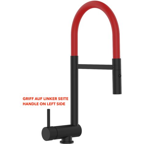Mitigeur De Cuisine Rabattable Robinet Sous Fenêtre 6CM, Poignée à GAUCHE, avec bec pivotant 360° et douchette 2-jets détachable, Noir Mat / Rouge