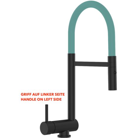 Mitigeur De Cuisine Rabattable Robinet Sous Fenêtre 6CM, Poignée à GAUCHE, avec bec pivotant 360° et douchette 2-jets détachable, Noir Mat / Turquoise