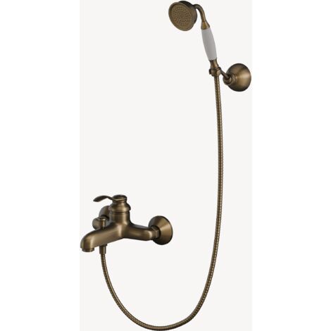 Robinet de douche et baignoire en laiton antique – Installation murale – Poignée croisée – Valve en céramique – Douchette incluse – Lookshop