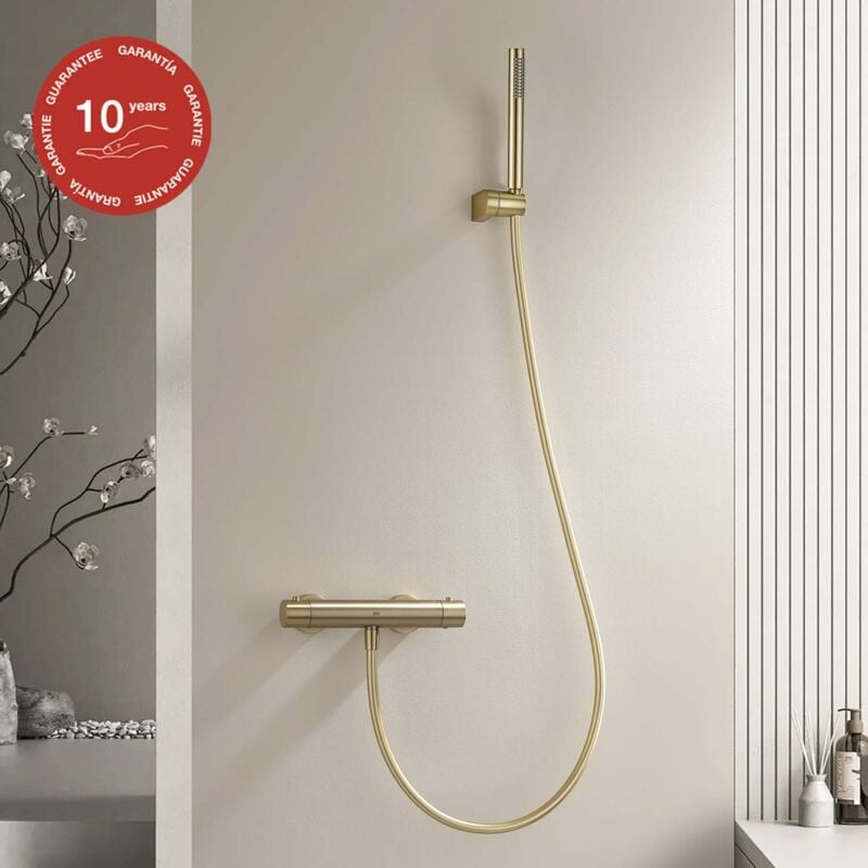 Mitigeur de douche thermostatique avec douchette sky bath or brossé Inox S304 série supreme