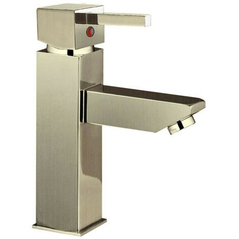 Mitigeur de lavabo à bec fixe finition acier brossé – Cartouche céramique 25 mm – Hauteur 15,5 cm – Hauteur sous bec 7,5 cm