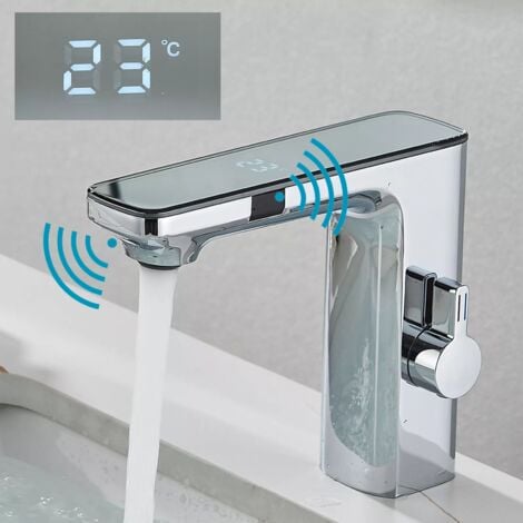 ZAMERY Mitigeur de lavabo à capteur chrome infrarouge Automatique avec Affichage de La Température LEDMélangeur à induction Robinet de salle de bain Robinet de lavabo