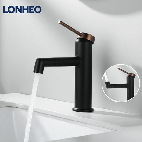 Mitigeur de Lavabo Bec Pivotant 360° Robinet à Eau Chaude et Froide pour Vasque Robinet de Salle de Bain avec Barboteur démotable, Noir