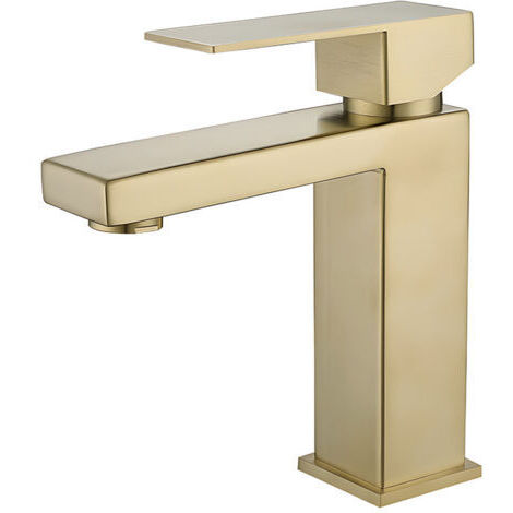 – Mitigeur de lavabo carré en or brossé – Eau chaude et froide – Installation monotrou – Finition métal pour salle de bains