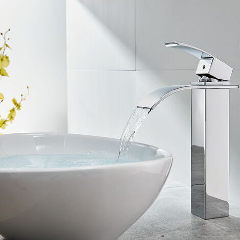 Mitigeur de Lavabo Cascade Chromé Bec Haut Robinet Vasque à Poser Robinet Lavabo Carré en Laiton pour Salle de Bain